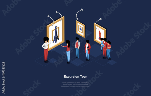 Concept Of Excursions. Group Of People On Excursion with Personal Guide. Male And Female Characters Listen To Guide In Art Gallery. Tour Guide With Group Of Tourists. Isometric 3d Vector Illustration