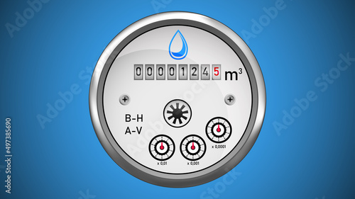 Mechanical water volume meter isolated on blue background.