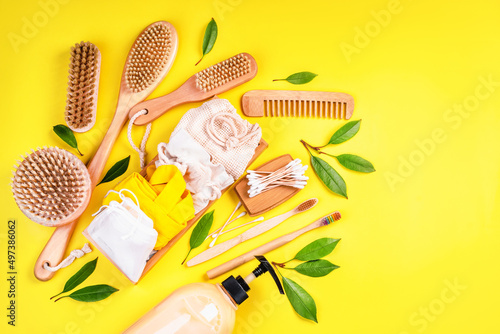 Personal care products made from natural materials.Flat lay of personal care zero waste supplies.Plastic-free concept.Items for hygiene and face and body care made of eco-friendly materials.