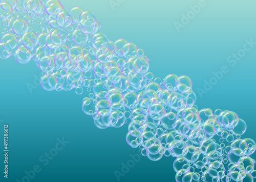 Soap foam. Detergent bath bubble and suds for bathtub. Shampoo. Aqua 3d vector illustration flyer. Blue fizz and splash. Realistic water frame and border. colorful liquid soap foam.