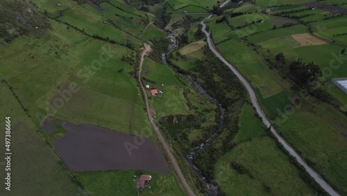 Panoramic drone view of river and green fields in andes mountains