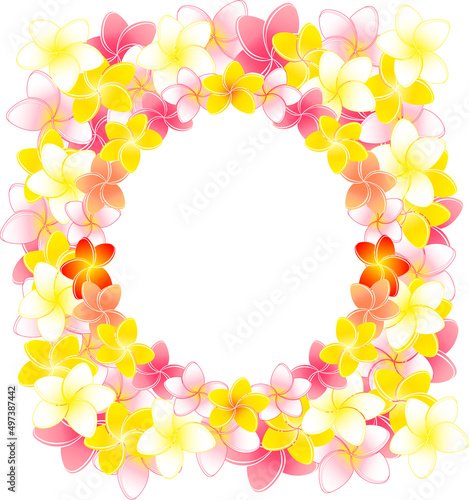 満開のプルメリアの花飾りのゴージャスなフレームイラスト