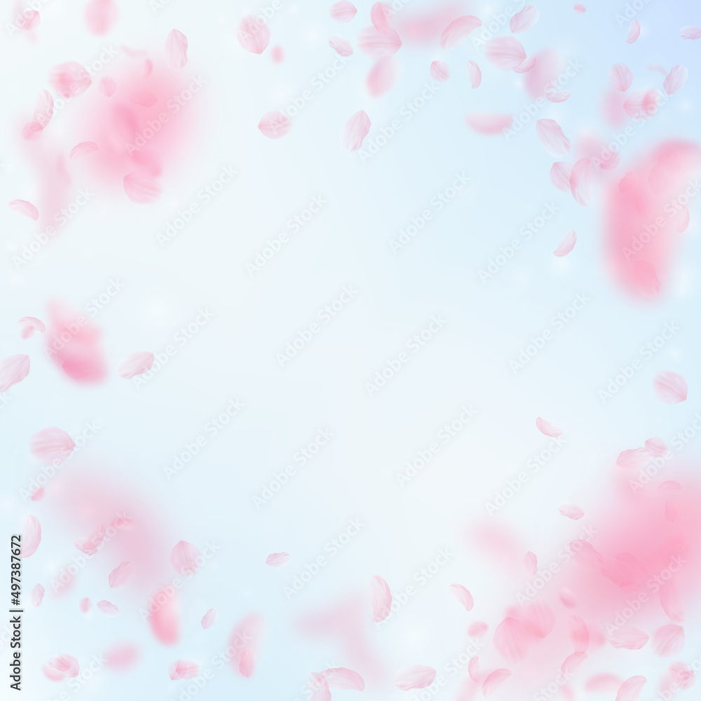 Sakura petals falling down. Romantic pink flowers vignette. Flying petals on blue sky square background. Love, romance concept. Exceptional wedding invitation. Sakura petals falling down. Romantic pink flowers vignette. Flying petals on blue sky square background. Love, romance concept. Exceptional wedding invitation.