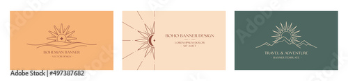 Vector travel and celestial logo design with mountain landscape,sea waves,sun.Boho linear icons or symbols in minimalist style.Modern hike,camp or glamping resort label.Branding design,website banner