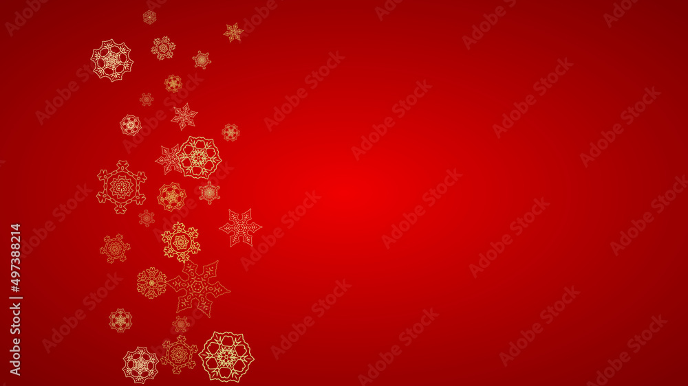 Christmas snowflakes on red background. Horizontal glitter frame for winter banner, gift coupon, voucher, ads, party event. Santa Claus color with golden Christmas snowflakes. Falling snow for holiday Christmas snowflakes on red background. Horizontal glitter frame for winter banner, gift coupon, voucher, ads, party event. Santa Claus color with golden Christmas snowflakes. Falling snow for holiday