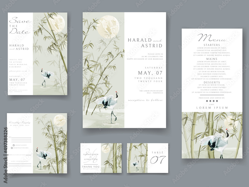 Wedding invitation cards set with elegant bamboo hand drawn Wedding invitation cards set with elegant bamboo hand drawn