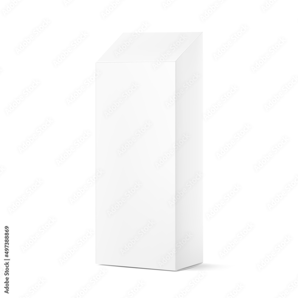 Realistic cardboard box mockup with narrow top. Perspective view. Vector illustration isolated on white background. Can be use for food, medicine, cosmetic and etc. Ready for your design. EPS10. Realistic cardboard box mockup with narrow top. Perspective view. Vector illustration isolated on white background. Can be use for food, medicine, cosmetic and etc. Ready for your design. EPS10.