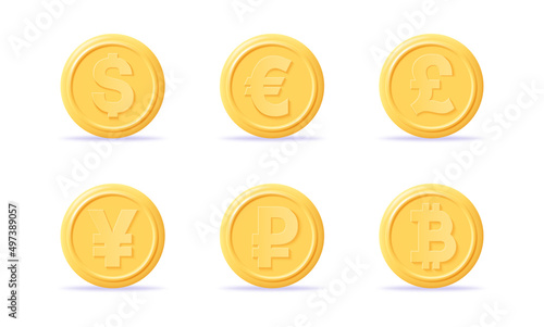 3D coins icons set dollar, euro, pound, yen, ruble and bitcoin . 3d money render. Currency exchange, business financial investment and stock market investment. 3d realistic coins vector illustration