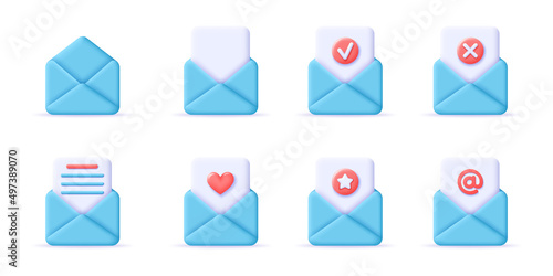3D envelopes set icons. Render blue envelopes buttons with check mark, at mail, favorite, cross and heart. Incoming mail notify, newsletter and online email concept. 3d realistic vector illustration