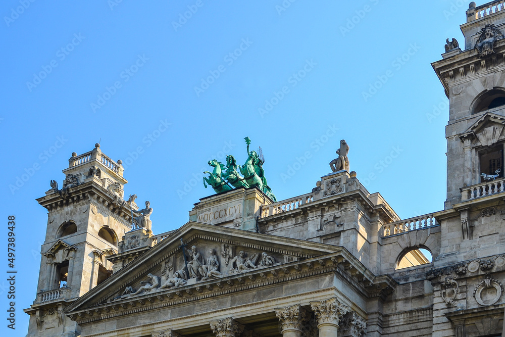 Chariot sculpture on top of Ethnographic Museum on Kossuth square in Budapest, Hungary