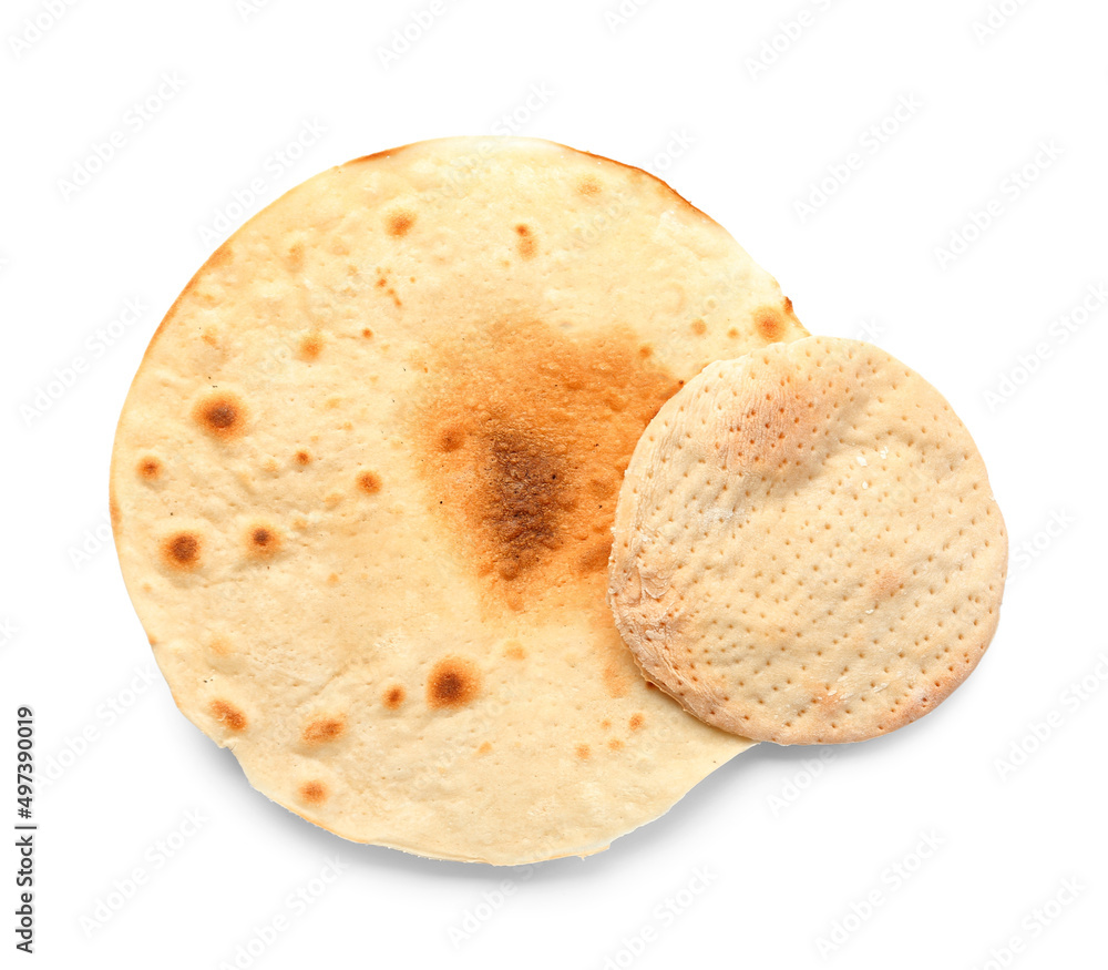 Round Jewish flatbread matza for Passover on white background Round Jewish flatbread matza for Passover on white background