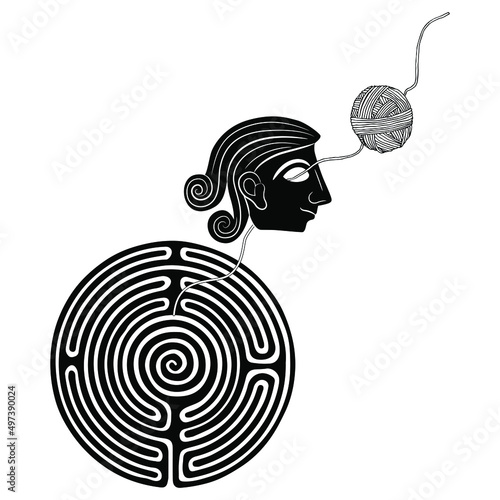 Antique human mask, round spiral maze or labyrinth symbol and a yarn ball. Creative concept. Theseus and Ariadne thread. Black and white silhouette.