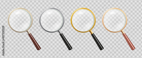 Realistic magnifier glass set. Zoom tools loupe scrutiny lens optical microscope. Realistic isolated 3d vector photo