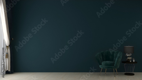 Fototapeta Naklejka Na Ścianę i Meble -  Mockup room with dark teal wall, dark green shell chair, luxury table and table lamp .3d rendering. 3d illustration.