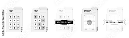 HUD digital futuristic user interface PIN code entry panel set. Sci Fi high tech protection screens. Gaming menu finger scan and number touching dashboard. Cyber space keypad and biometric id. Vector