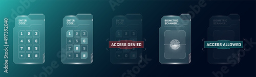 HUD digital futuristic user interface PIN code entry panel set. Sci Fi high tech protection screens. Gaming menu fingerprint scanner and number touching dashboard. Cyber space biometric id keypad. Eps
