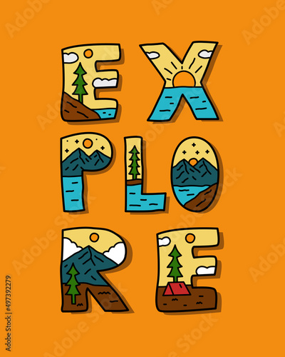 Explore letter with nature and camping design. use for t-shirt, sticker, and other use