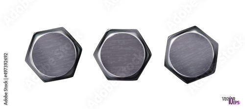 Metal bolt heads set. Twisted in surface, isolated. High detailed. Top view. Foto reality. Vector