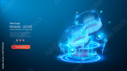 An extended devops concept illustrating devops tools in a futuristic blue circle. DevOps process banner. Development of an Internet application, online website service, landing page layout. Vector