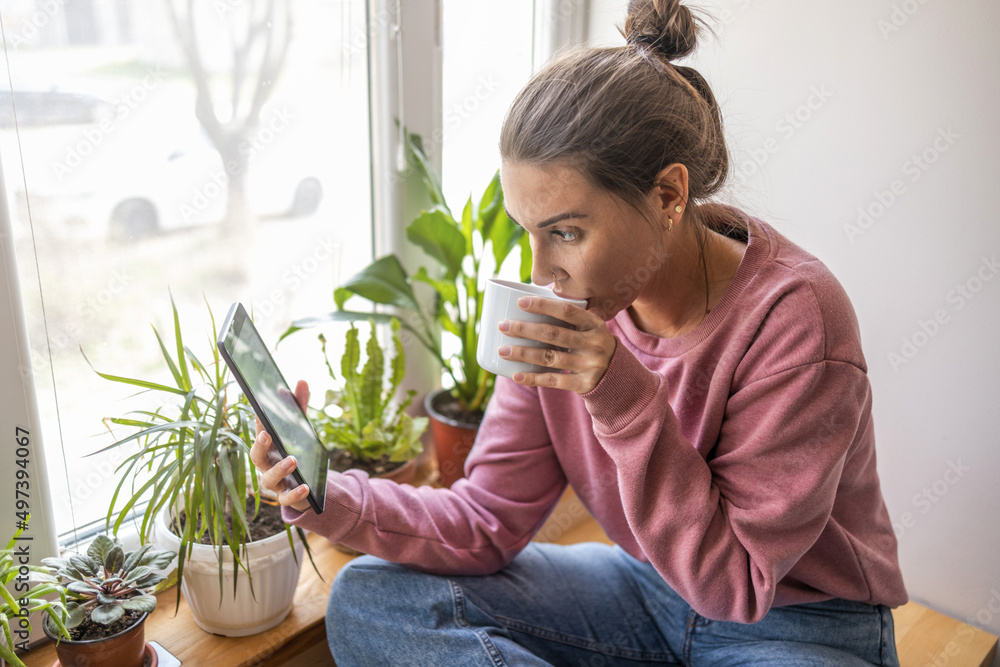 Young woman sitting by window, looking at digital tablet, having a coffee Young woman sitting by window, looking at digital tablet, having a coffee