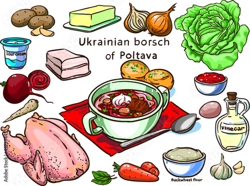 Ukrainian borsch of Poltava vector set ingredients