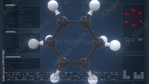 1,4-cyclohexadiene molecule with description on the computer screen, loopable 3d animation photo