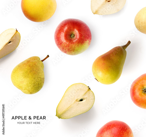 Creative layout made of pear and apple on the white background. Flat lay. Food concept. Macro  concept.