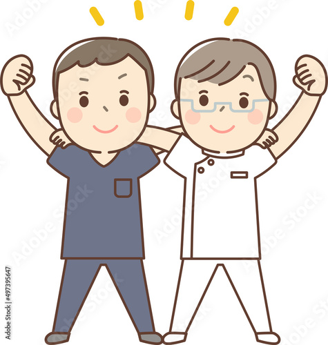 肩を組んでガッツポーズをする男性医療スタッフ