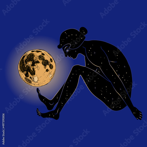 Naked ancient Greek woman as starry night holding shining full moon on her toe. Goddess Nyx or Selene. Creative concept. Female archetype. Lunar mystery.