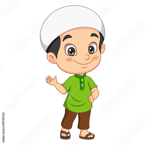 Happy muslim boy cartoon waving hand