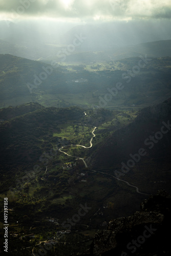 Travel, Aerial view of the mountain road in the forest. Top view from the drone of the road in the forest. Beautiful landscape with roadway on hills, pine trees, green meadows