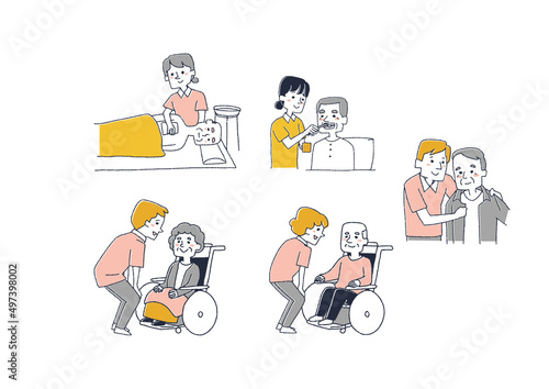介護士のお仕事のイラストセット　コミカルな手書きの人物　ベクター、線画にカラー