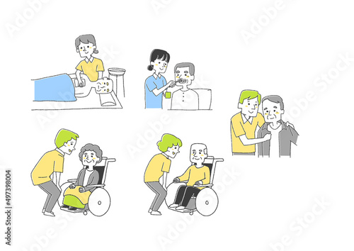 介護士のお仕事のイラストセット　コミカルな手書きの人物　ベクター、線画にカラー