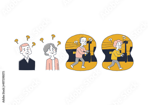 認知症、アルツハイマーに関するイラストセット　コミカルな手書きの人物　ベクター、線画にカラー