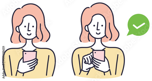 スマホを操作する女性　シンプルイラスト　セット