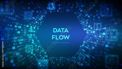 Data Flow. Binary data flow tunnel. Virtual tunnel warp. Coding, programming or hacking concept. Abstract futuristic cyberspace. Big data. Digital code with digits 1.0. Vector Illustration.