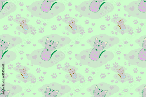 Seamless cute cat pattern,cartoon style light gray kitten,for fabric,printing,cat wallpaper on light green background.