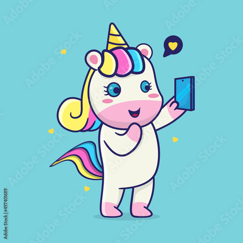 cute unicorn taking selfie with smartphone,suitable for children's books, birthday cards, valentine's day, stickers, book covers, greeting cards, printing. 