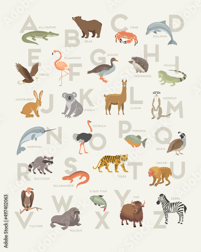 Modern animal alphabet poster design. Soft colors for wall art, prints, decor. Vector Illustration.