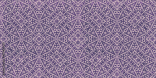Seamless vintage violet intricate retro art deco batik pattern on weathered boho textured fabric, a trendy contemporary ethnic tribal textile for interior decor and fashion.