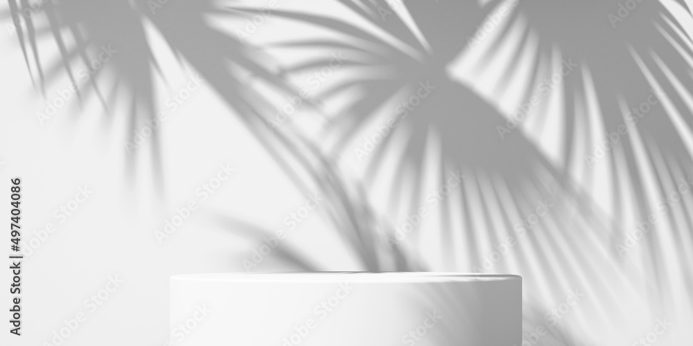 3D white product podium display with white background and tree shadow ...
