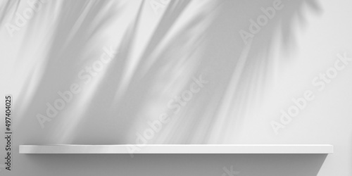 3D shelf on wall with tree shadow on white background ,product mockup background,3D render illustration