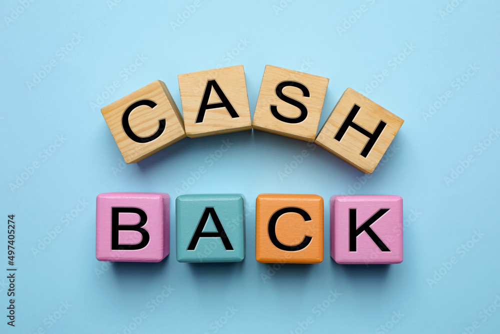 Word Cashback made with cubes on light blue background, flat lay Word Cashback made with cubes on light blue background, flat lay