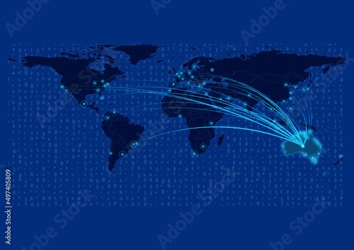 Australia map for technology or innovation or export concepts.  Connections of the country to major cities around the world. File is suitable for digital editing and prints of all sizes.