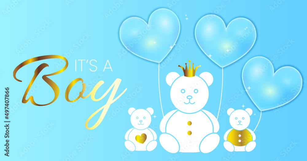 Baby Shower Invitation Design. Blue It's a Boy Vector Illustration with Gold Bears and Heart Balloons