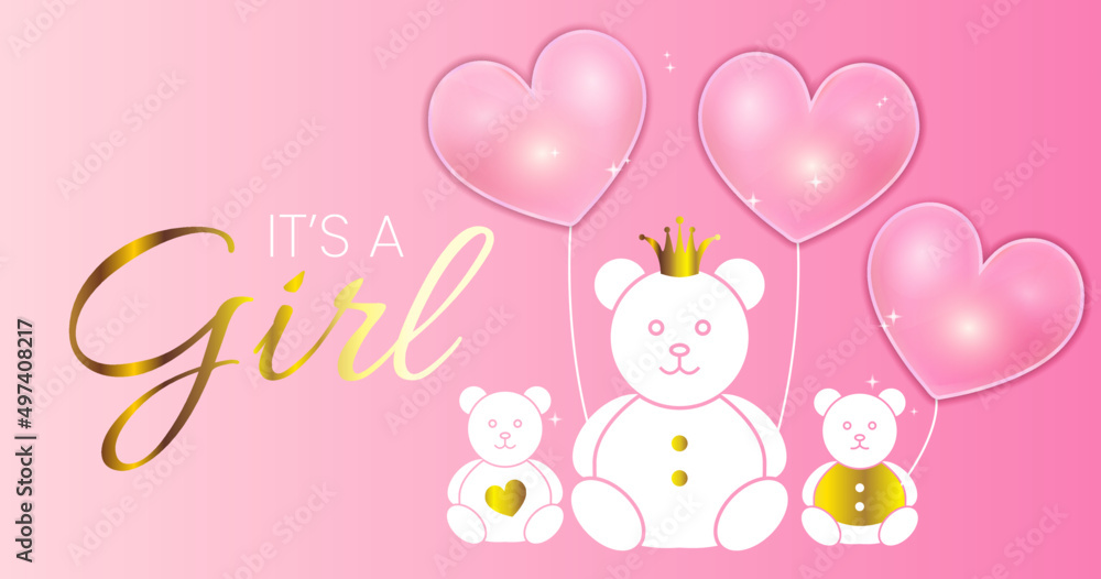 Baby Shower Invitation Design. Pink It's a Girl Vector Illustration with Gold Bears and Heart Balloons