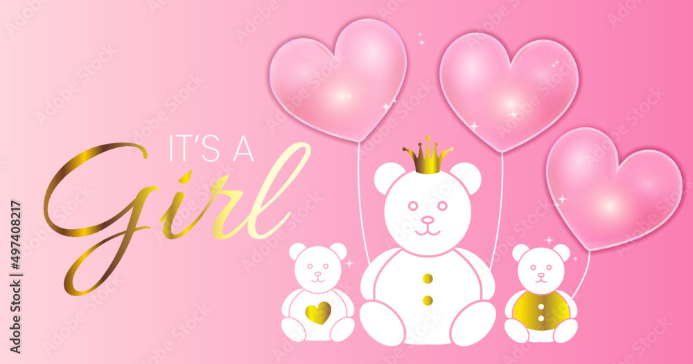 Baby Shower Invitation Design. Pink It's a Girl Vector Illustration with Gold Bears and Heart Balloons Baby Shower Invitation Design. Pink It's a Girl Vector Illustration with Gold Bears and Heart Balloons