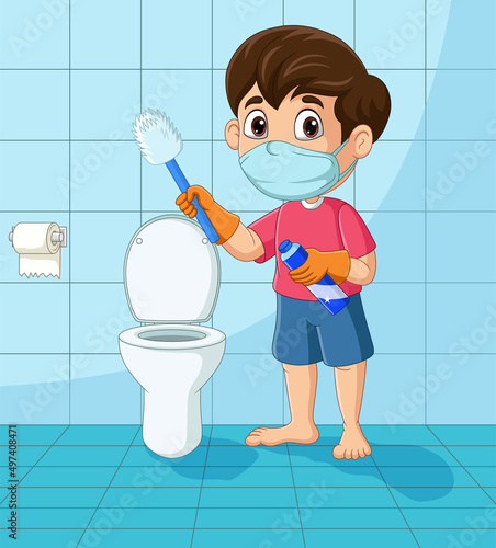 Cartoon little boy cleaning the bathroom