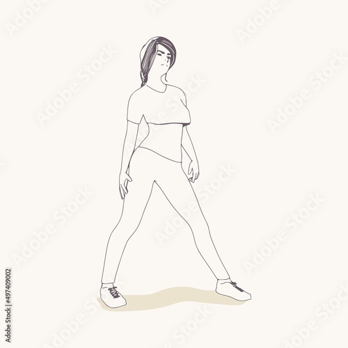 Fototapeta Naklejka Na Ścianę i Meble -  Standing woman. Sport girl illustration. Casual sportwear - t-shirt, breeches and sneakers. Young woman wearing workout clothes. Sport fashion girl outline in urban casual style.