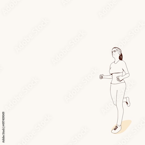 Running woman. Sport girl illustration. Casual sportwear - t-shirt, breeches and sneakers. Young woman wearing workout clothes. Sport fashion girl outline in urban casual style.